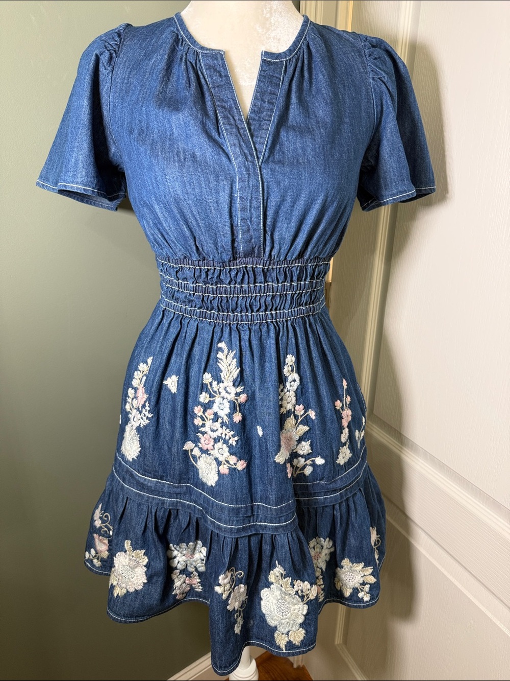 Anthropologie Embroidered Denim Smocked Mini Dress XXS